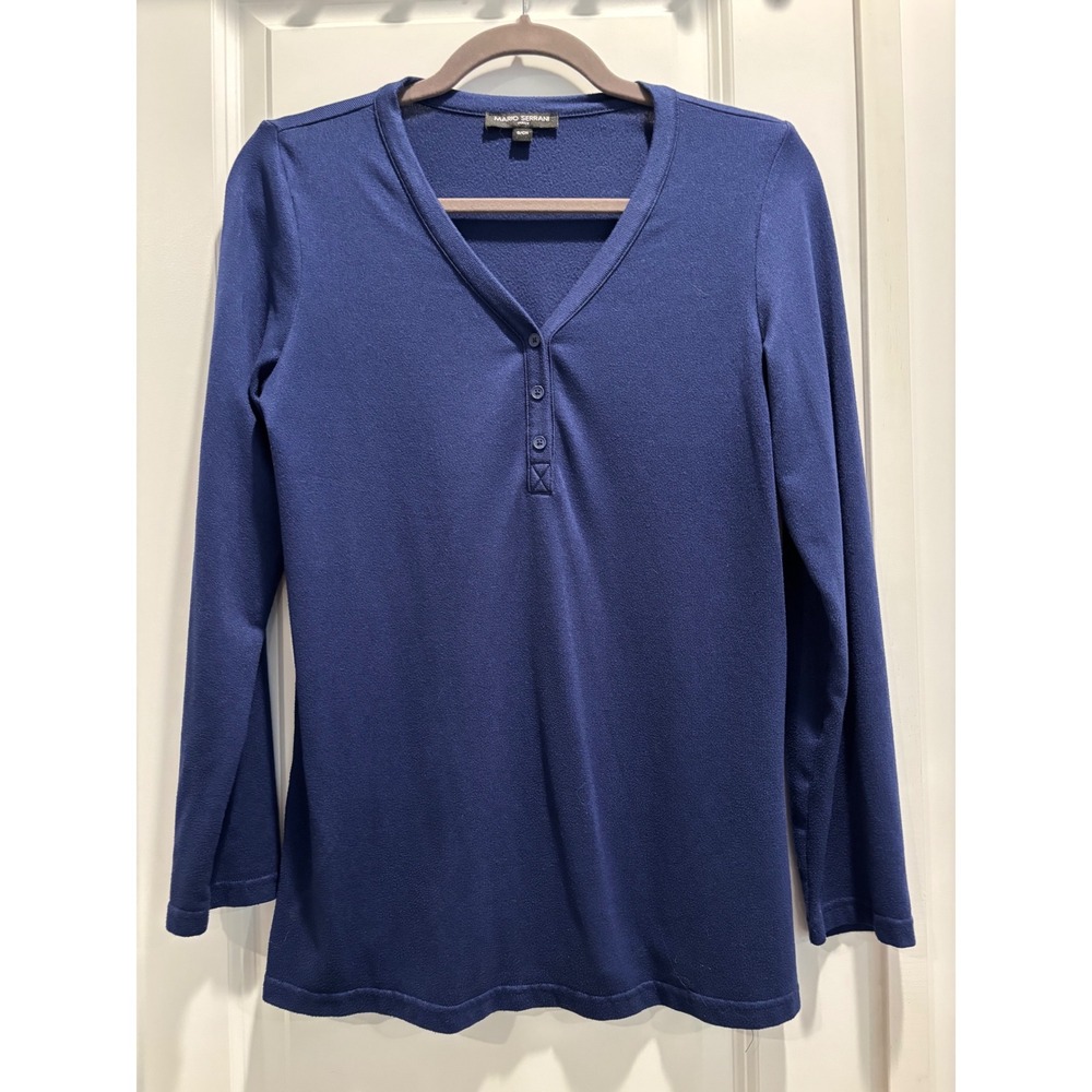 EUC Mario Serrani Henley Top Womens Small Blue‎ V-Neck Long Sleeve Knit Pullover